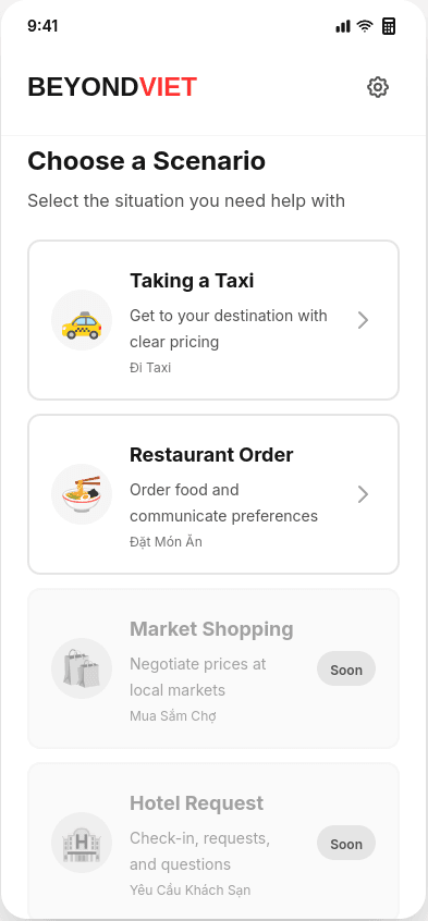 Scenario selection screen showing different situations like taxi, restaurant, market
