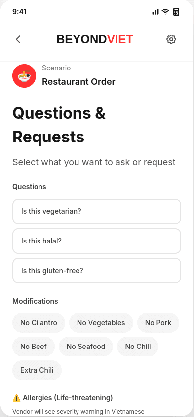 Restaurant scenario with questions and modifications