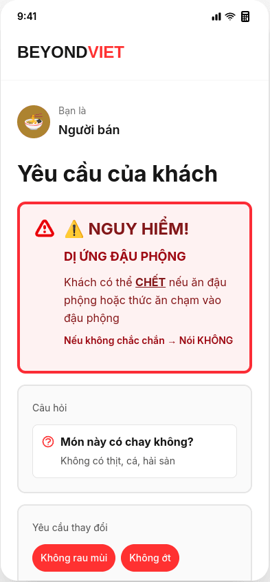 Vendor seeing request in Vietnamese with allergy warning